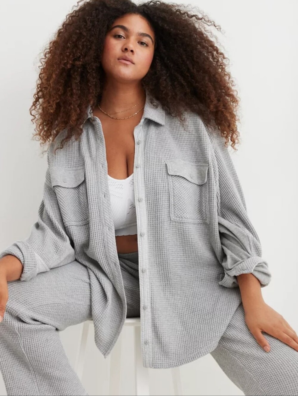 Aerie Lumber Jane Waffle Shirt Shacket Gray Oversized Womens Size Large Layering